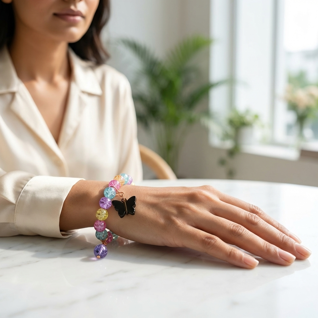 Colorful Beaded Butterfly Charm Bracelet for Women | Crystal Finish