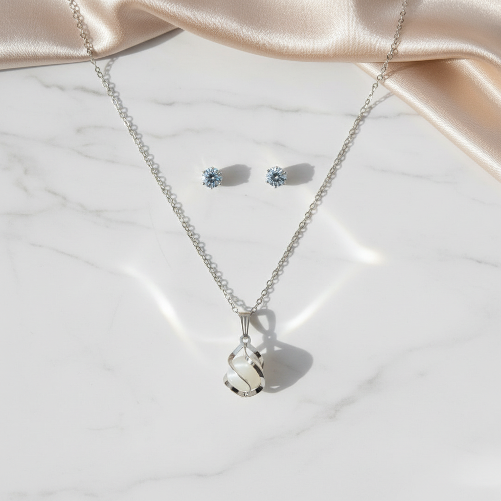 Silver Pearl Pendant Necklace Set for Women | Elegant CZ Studs