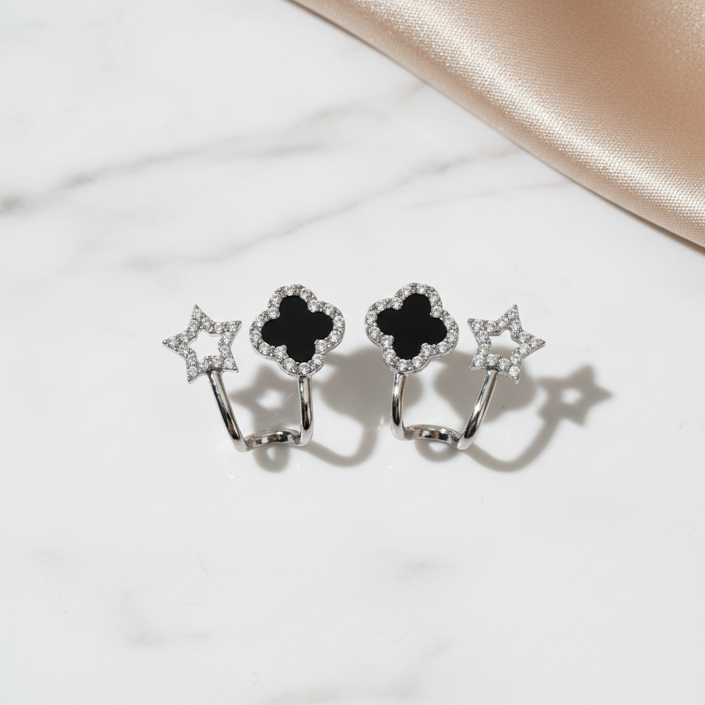 Silver Star & Black Clover Ear Cuff Earrings | Layered Ear Styling for Women