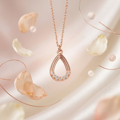 Rose Gold Finish Teardrop Pendant Necklace for Women | CZ Studded