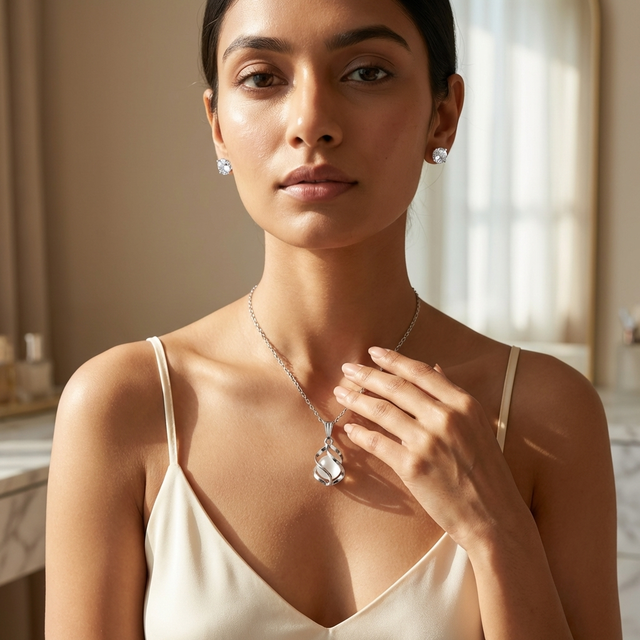 Silver Pearl Pendant Necklace Set with CZ Stud Earrings for Women
