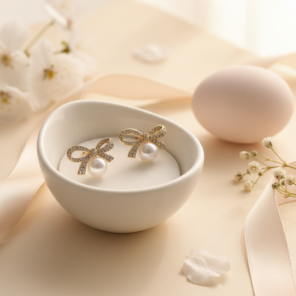 Crystal Bow Pearl Stud Earrings for Women | Gold Tone