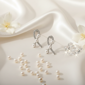 Silver Finish Pearl Ribbon Earrings | Crystal & Pearl Artificial Jewelry for Women
