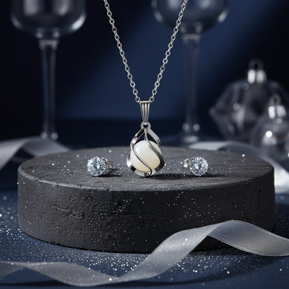 Silver Pearl Pendant Necklace Set for Women | Elegant CZ Studs