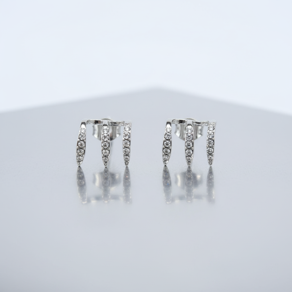 Silver Crystal Triple Claw Stud Earrings | Fashion Jewelry for Women