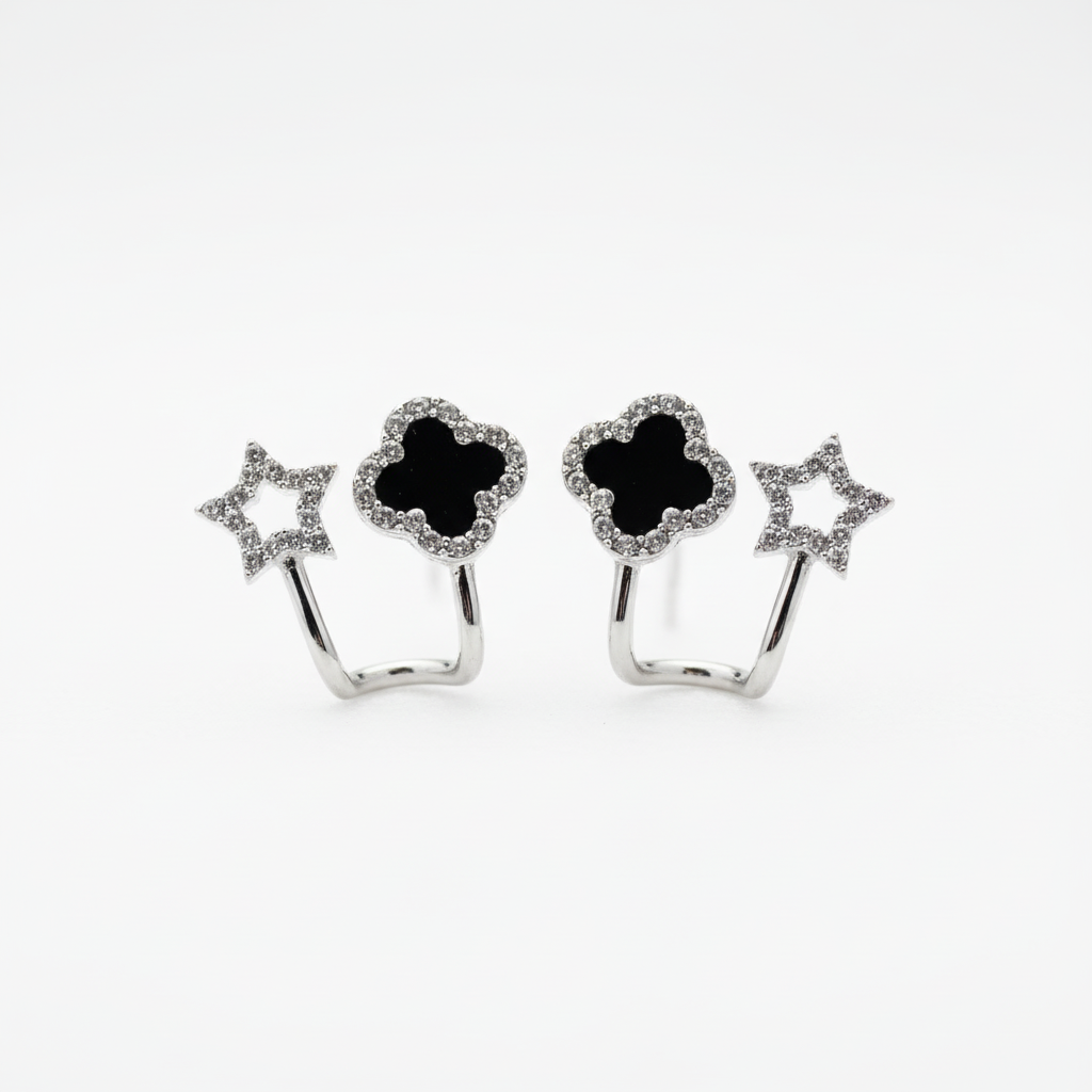 Silver Star & Black Clover Ear Cuff Earrings | Layered Ear Styling for Women