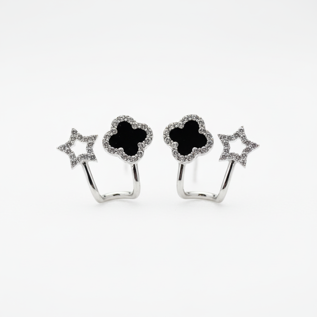 Silver Star & Black Clover Ear Cuff Earrings | Layered Ear Styling for Women