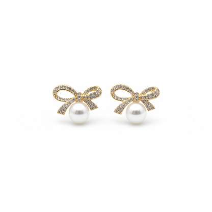 Crystal Bow Pearl Stud Earrings for Women | Gold Tone