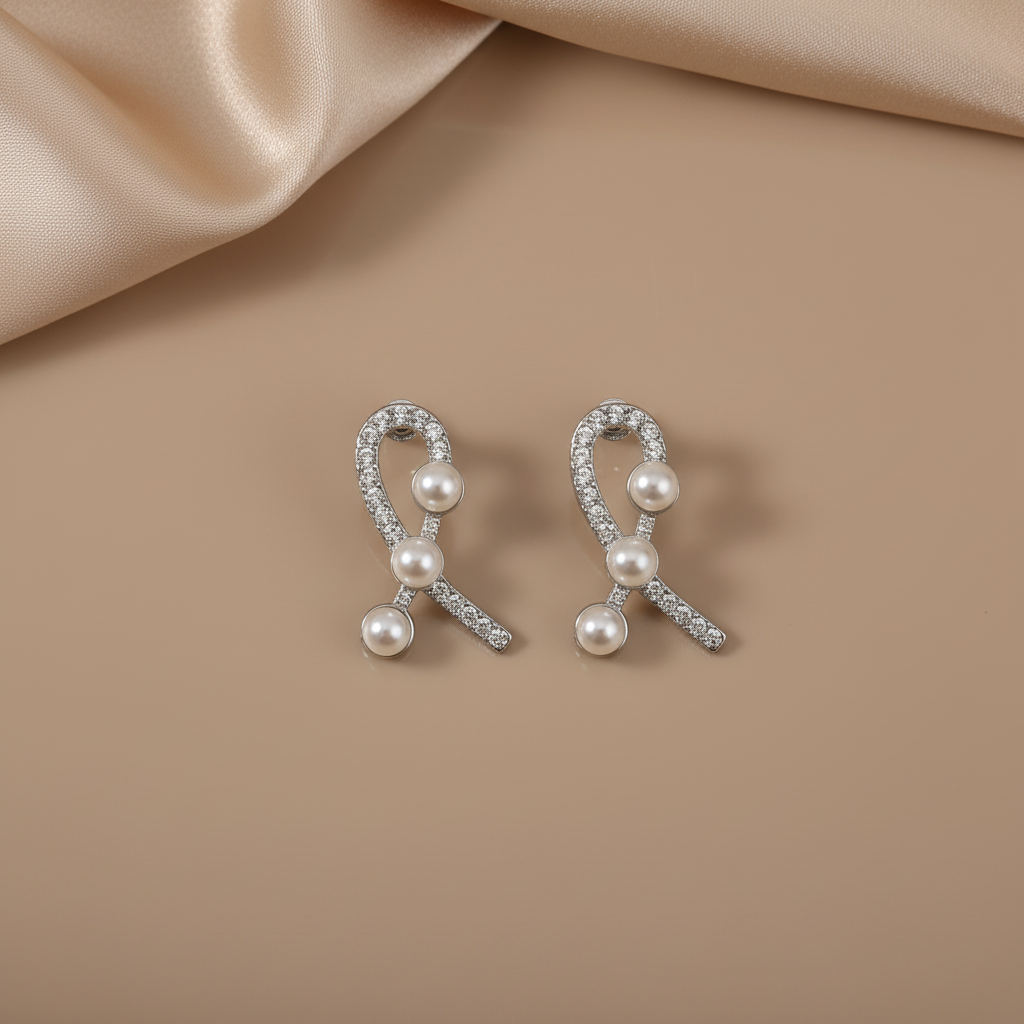 Silver Finish Pearl Ribbon Earrings | Crystal & Pearl Artificial Jewelry for Women