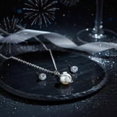 Silver Pearl Pendant Necklace Set with CZ Stud Earrings for Women