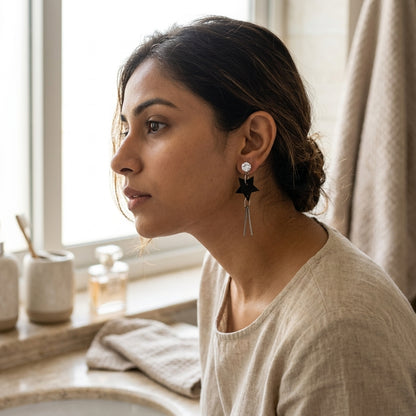 Black Star Drop Earrings for Women Silver Finish Fashion Jewelry