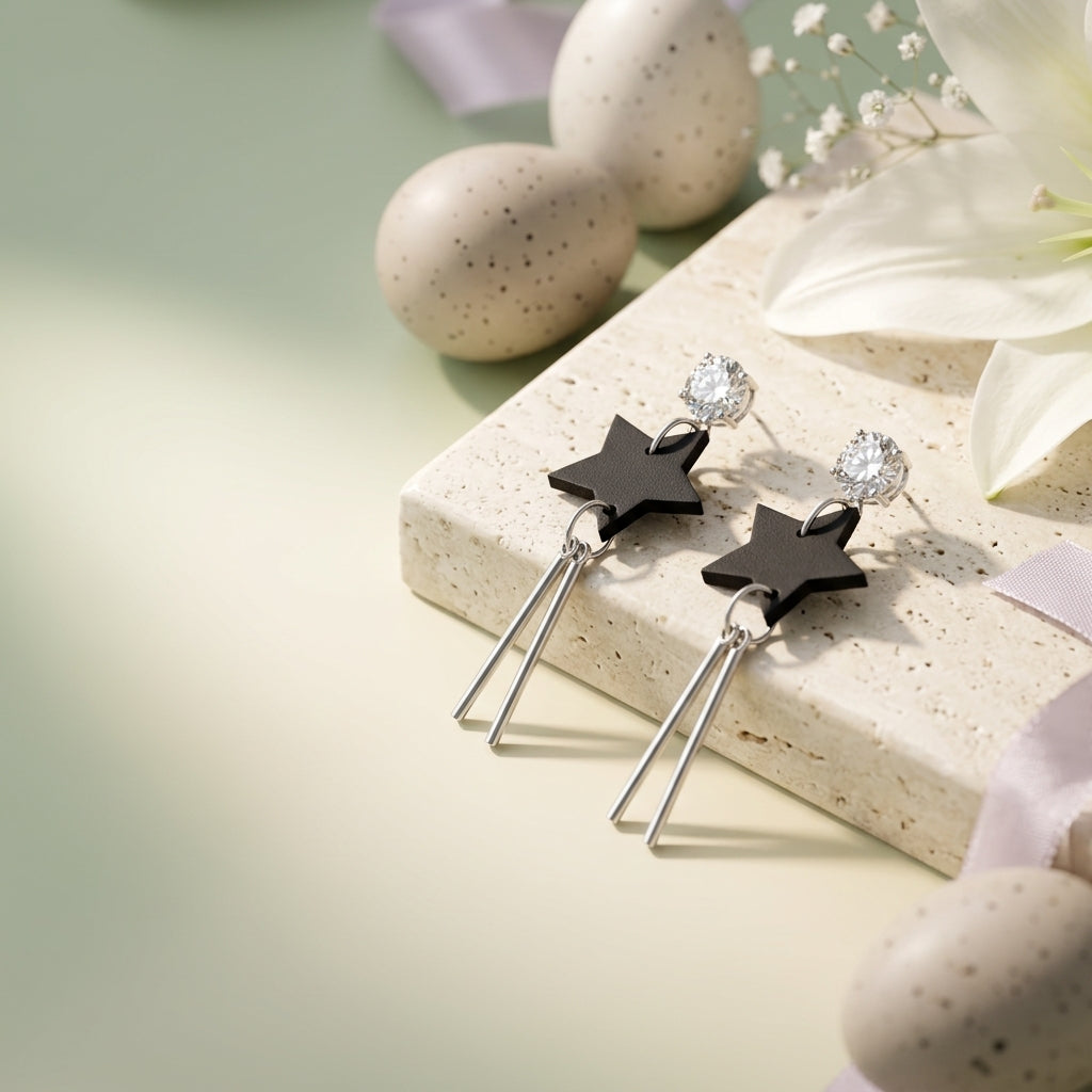 Black Star Drop Earrings for Women Silver Finish Fashion Jewelry