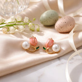 Rose Bud Pearl Stud Earrings Gold Finish for Women