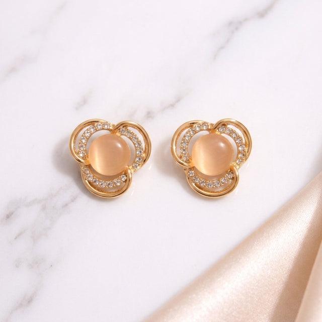 Gold Finish Floral Stud Earrings for Women with Crystal