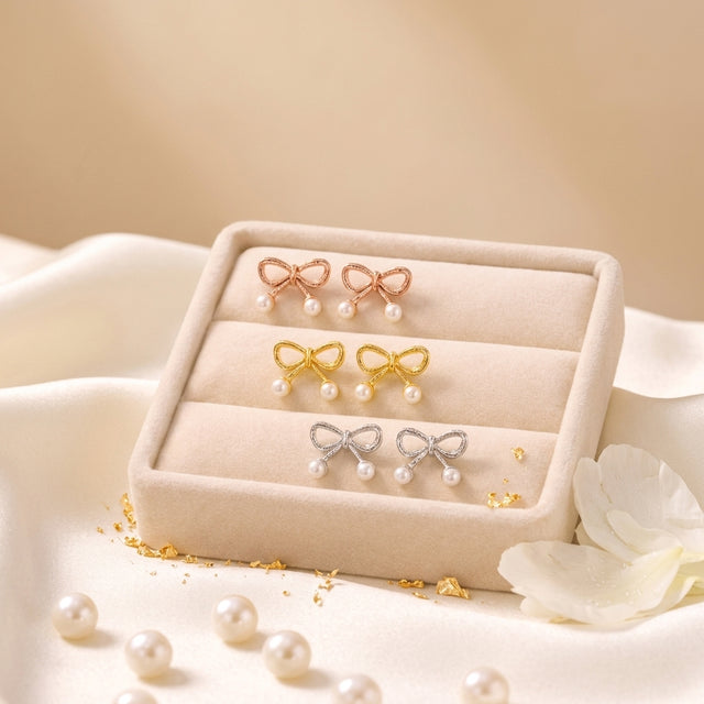 Bow Pearl Stud Earrings for Women Gold Finish (Pack of 3)