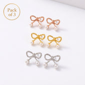 Bow Pearl Stud Earrings for Women Gold Finish (Pack of 3)