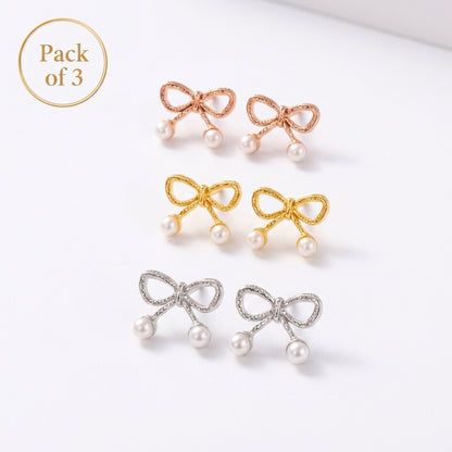 Bow Pearl Stud Earrings for Women Gold finish (Pack of 3)
