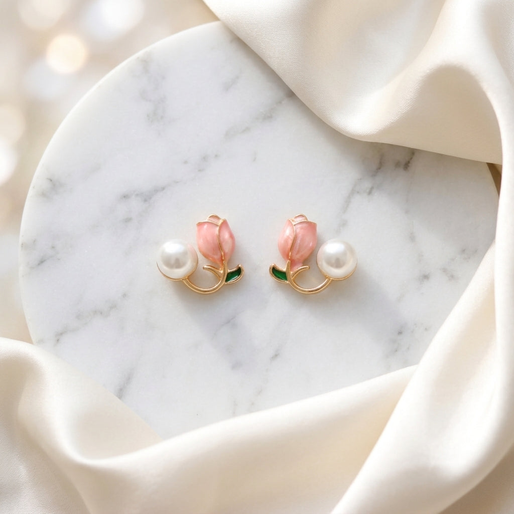 Rose Bud Pearl Stud Earrings Gold finish for Women