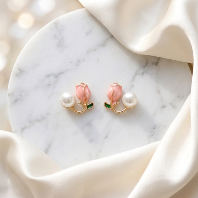Rose Bud Pearl Stud Earrings Gold Finish for Women