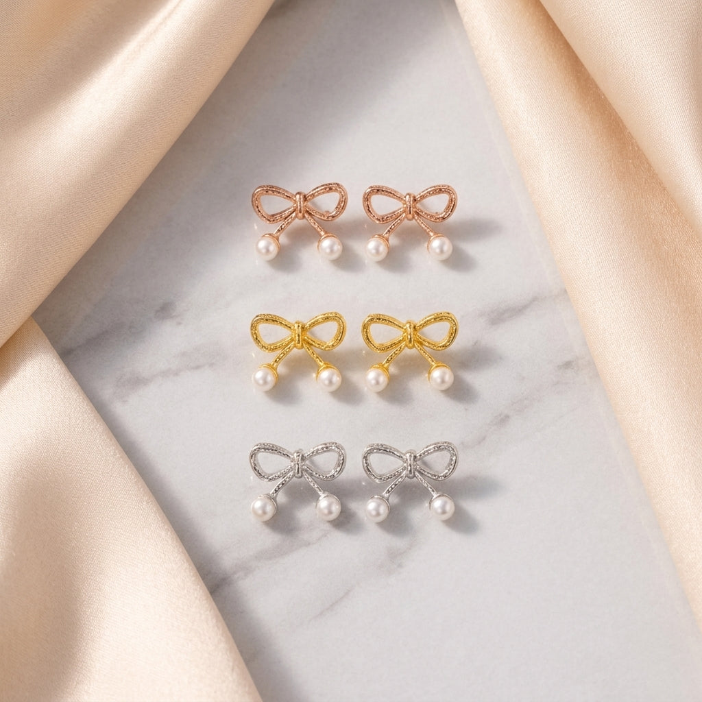 Bow Pearl Stud Earrings for Women Gold finish (Pack of 3)