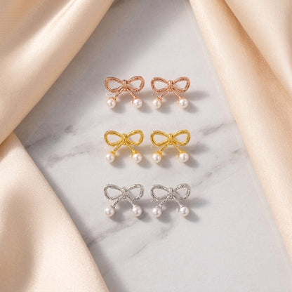 Bow Pearl Stud Earrings for Women Gold finish (Pack of 3)