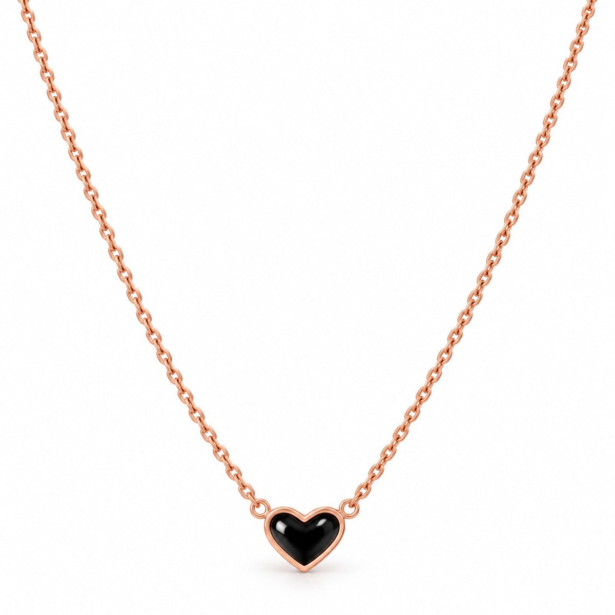 Rose gold black heart pendant chain necklace for women on a white background