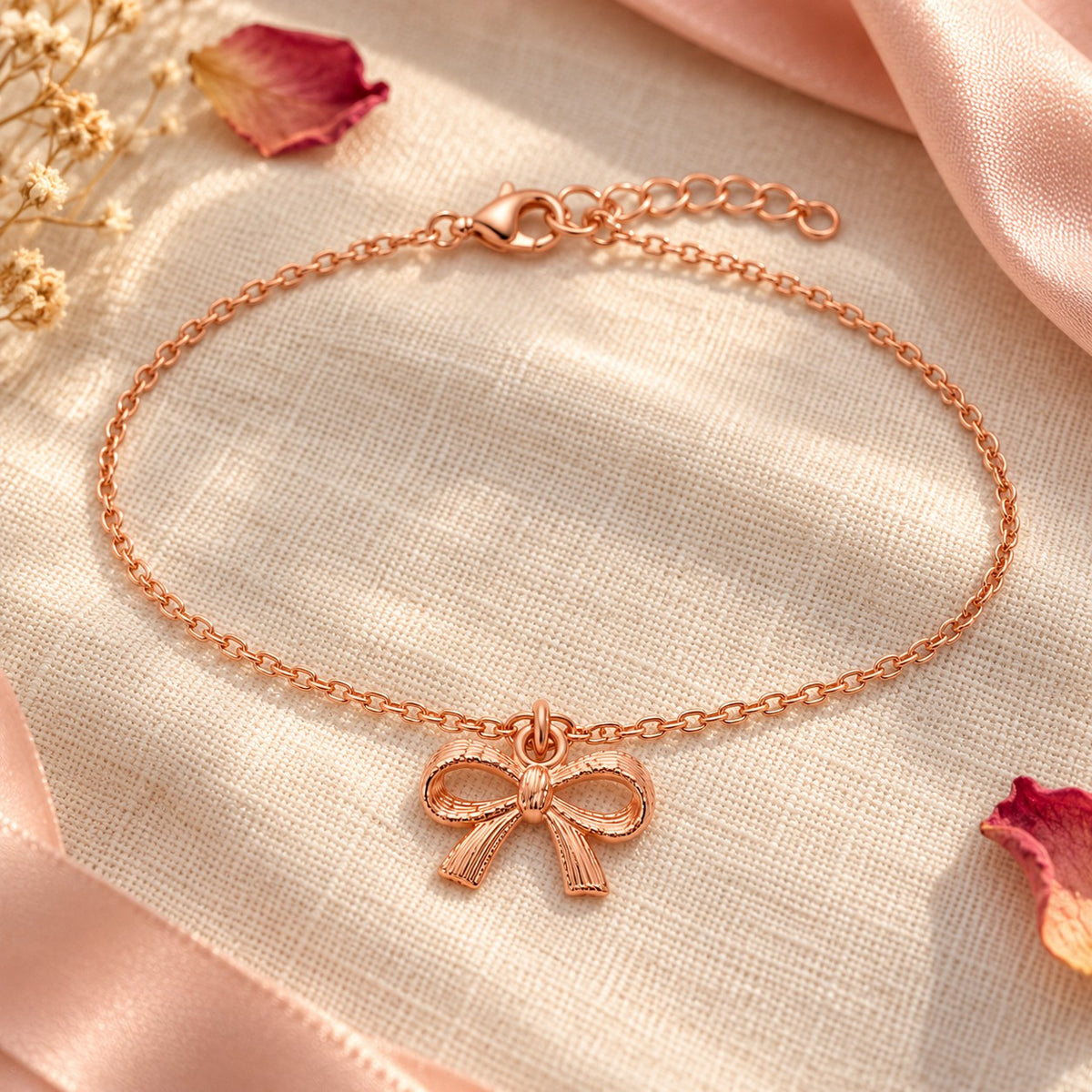 Rose gold bow charm bracelet styled on linen with dried rose petals