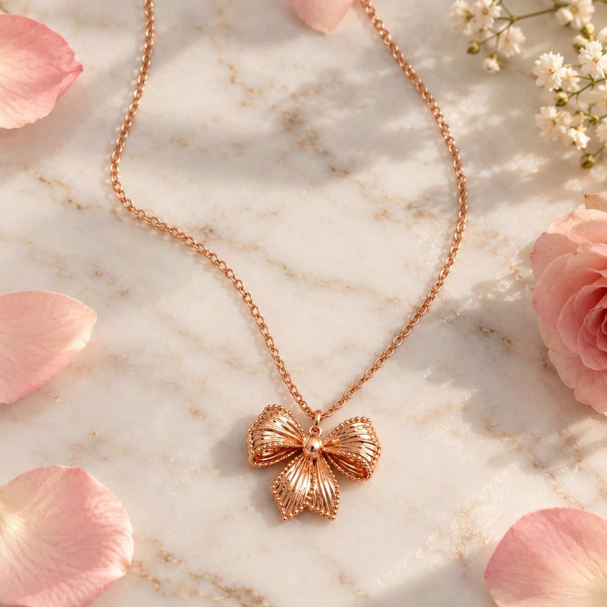 Rose gold bow pendant chain necklace on white marble with pink petals