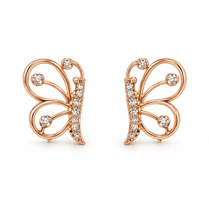 Rose gold butterfly stud earrings for women and girls with crystals on a white background