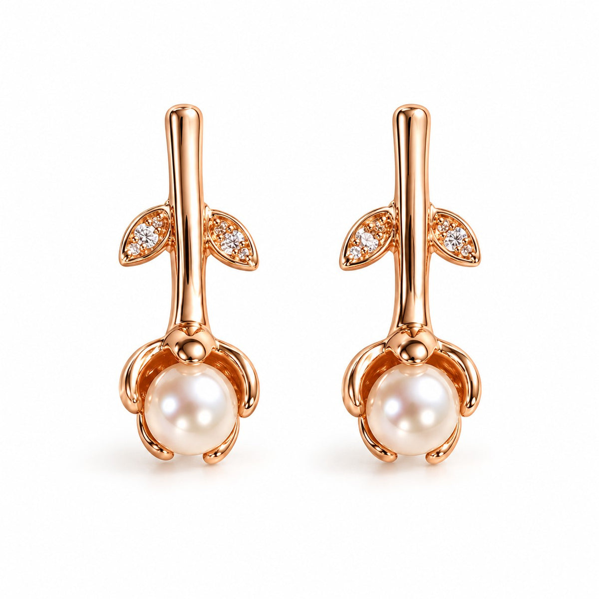 Rose gold rosebud pearl drop earrings for women on a white background