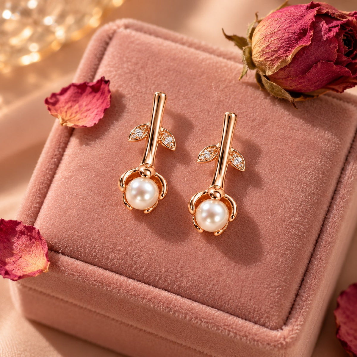 Rose gold rosebud pearl drop earrings on a blush velvet jewellery box with petals