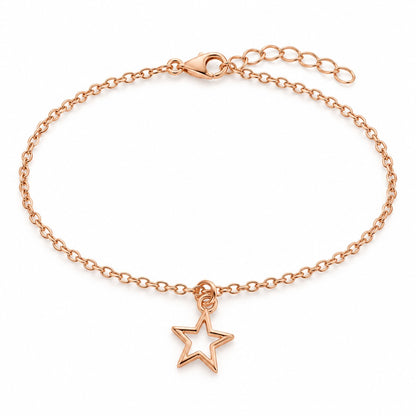 Rose gold star charm bracelet with an open star charm on a white background