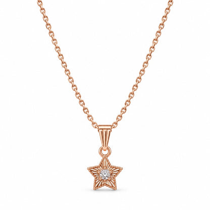 Rose gold star solitaire pendant chain necklace for women on a white background