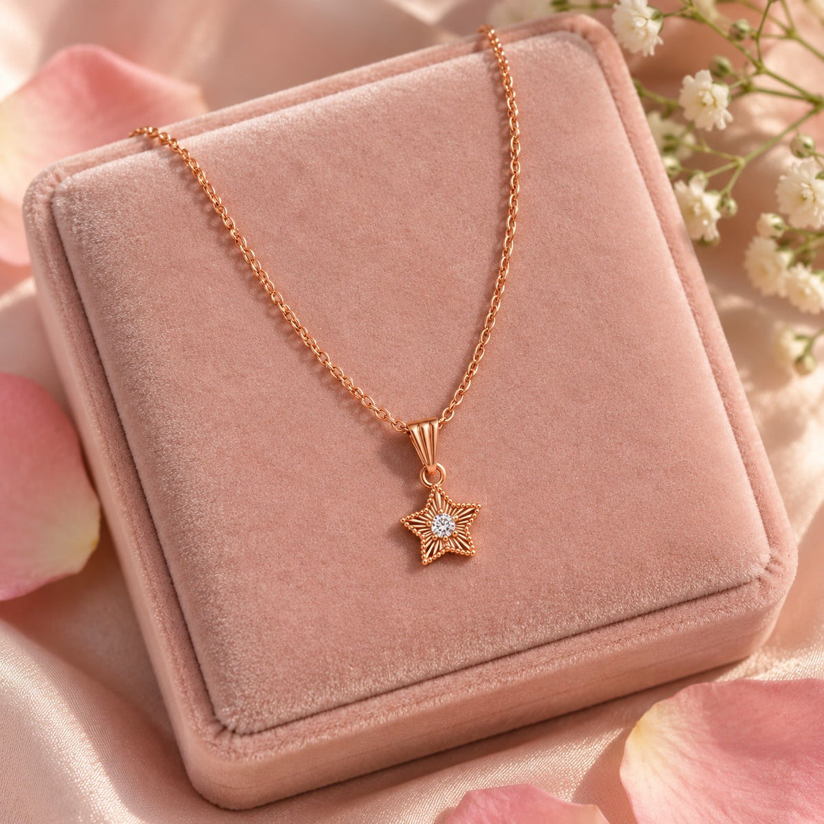 Rose gold star solitaire pendant necklace on a blush-pink velvet jewellery box