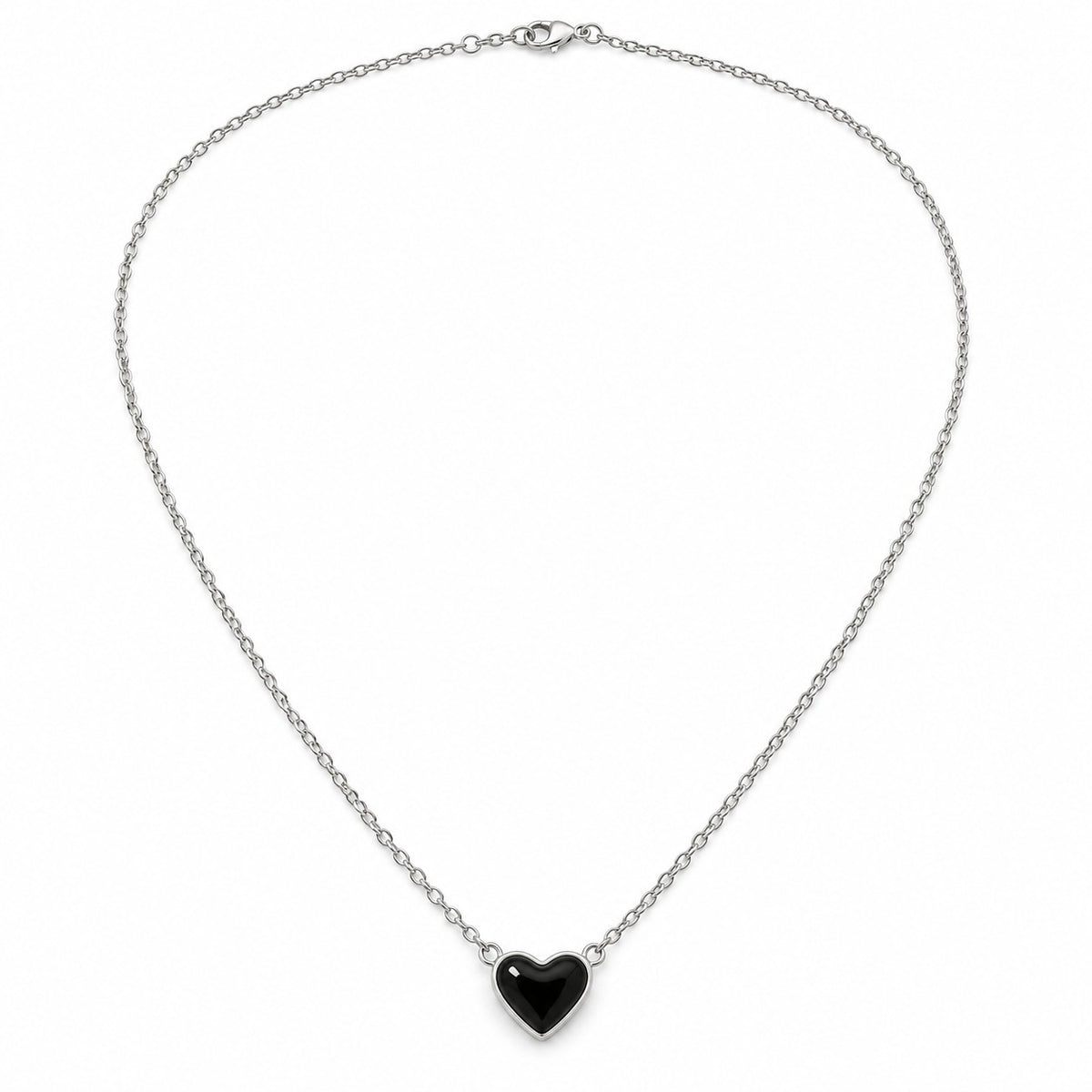 Silver black heart pendant chain necklace for women on a white background