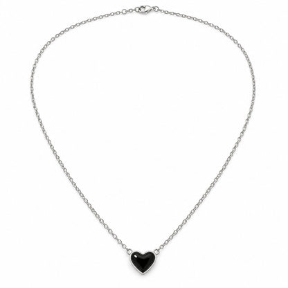 Silver black heart pendant chain necklace for women on a white background