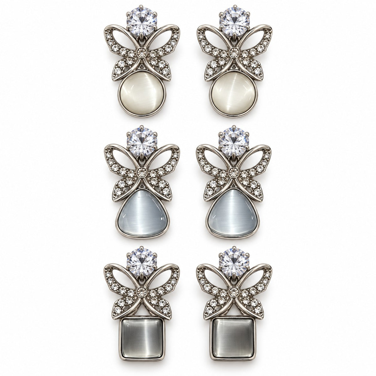 Silver butterfly cat eye stone drop earrings in round, triangle and square designs on white