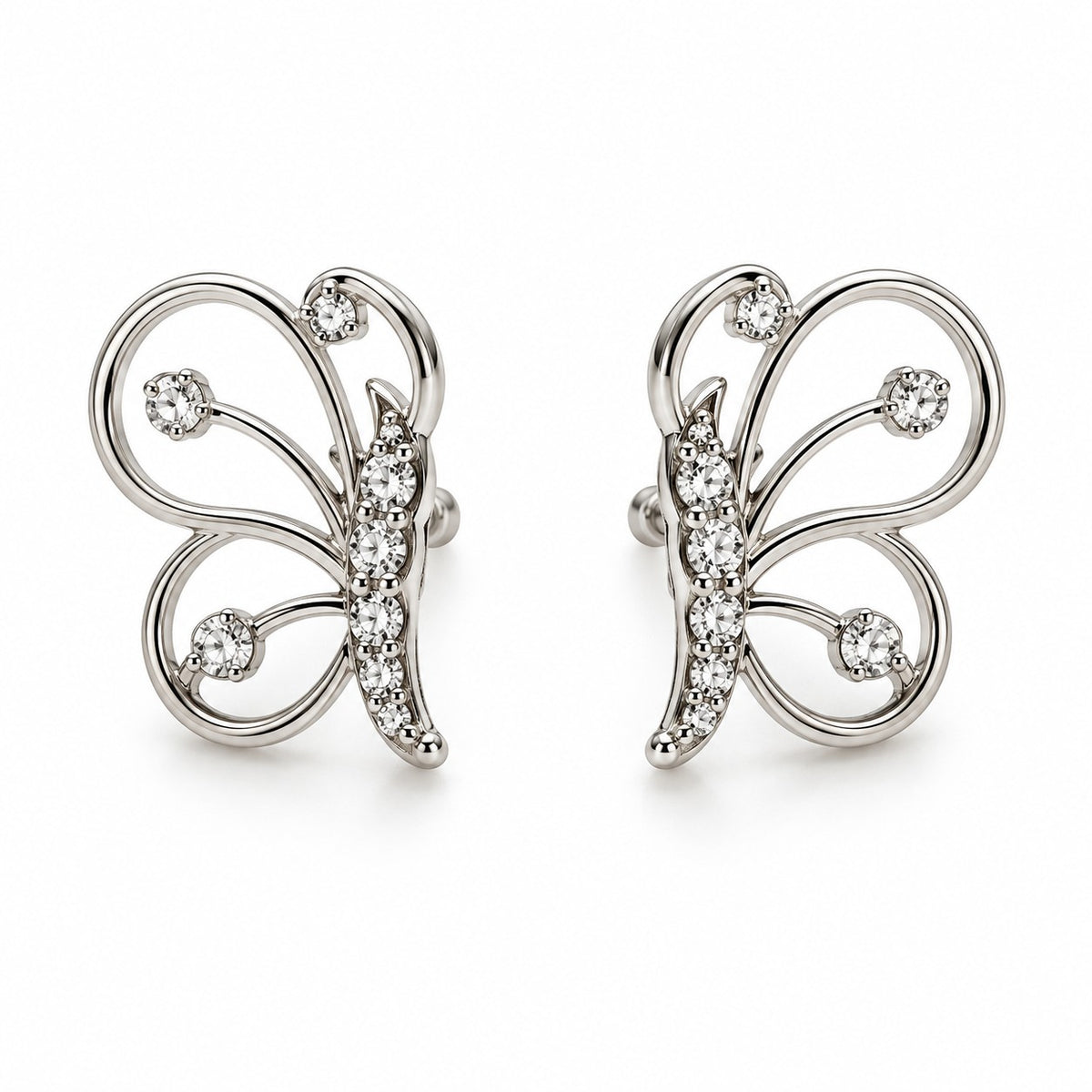 Silver butterfly stud earrings for women and girls with crystals on a white background