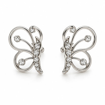 Silver butterfly stud earrings for women and girls with crystals on a white background