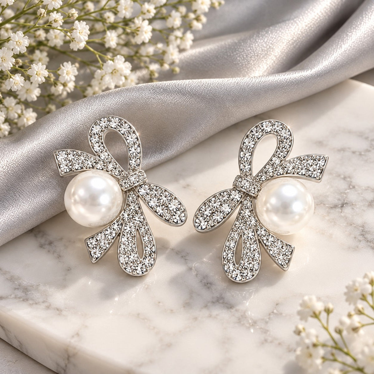Silver crystal ribbon bow pearl drop earrings on white marble with soft white flowers
