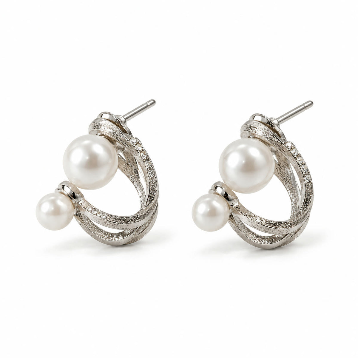 Silver double pearl twisted hoop stud earrings for women on a white background