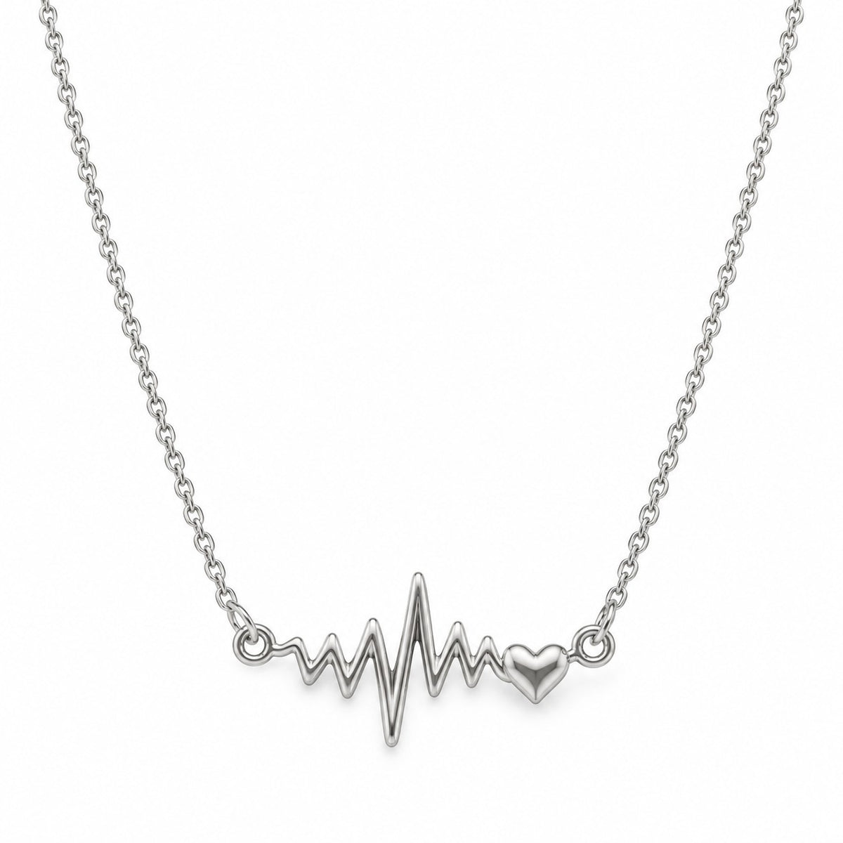 Silver heartbeat pendant chain necklace for women on a white background