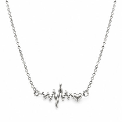 Silver heartbeat pendant chain necklace for women on a white background