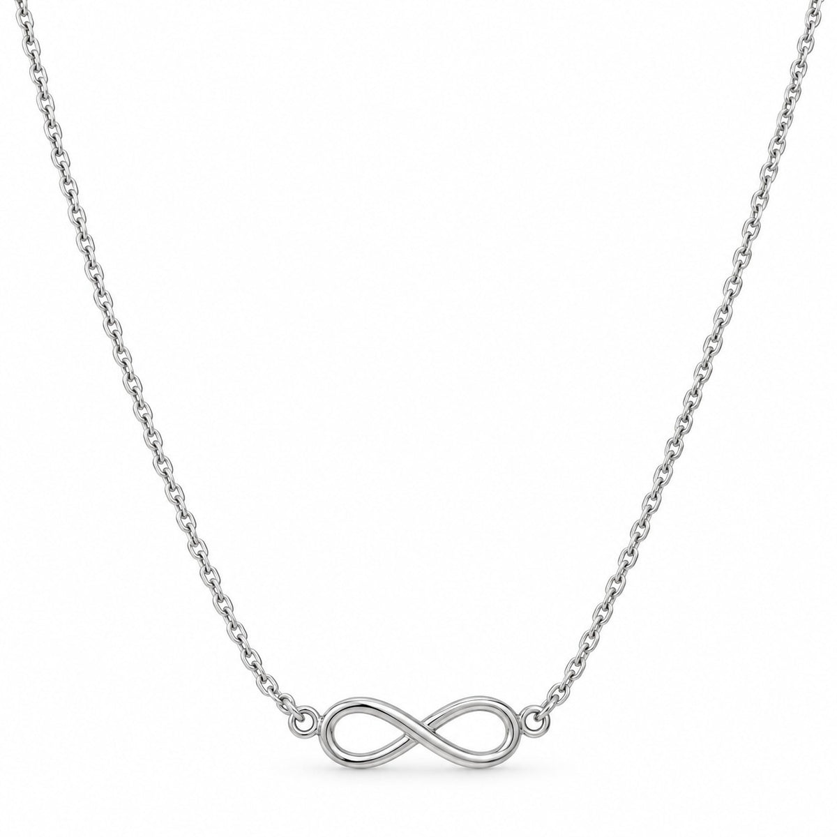 Silver infinity pendant chain necklace with sideways infinity symbol on a white background