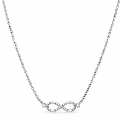 Silver infinity pendant chain necklace with sideways infinity symbol on a white background