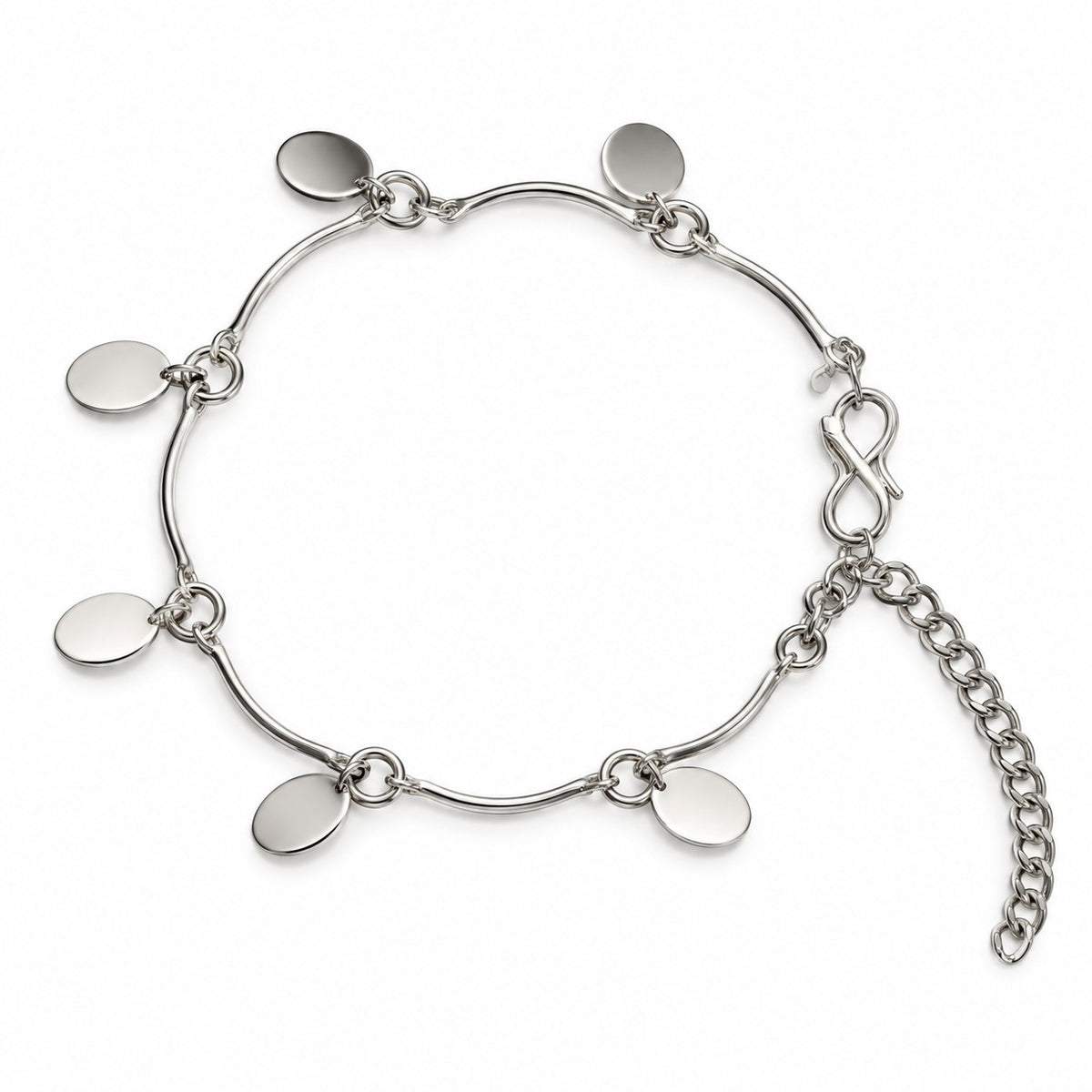 Silver oval disc charm bracelet with six oval discs on curved bar links on white