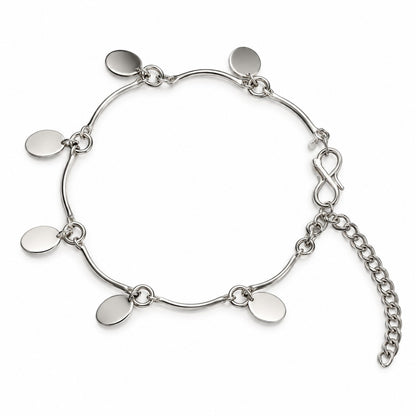 Silver oval disc charm bracelet with six oval discs on curved bar links on white
