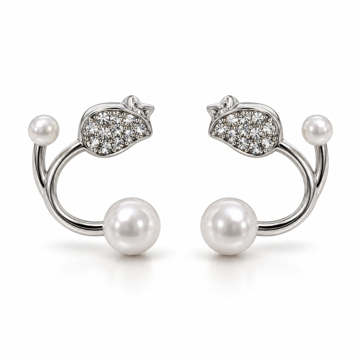 Silver pearl open hoop stud earrings with crystal leaf top on a white background