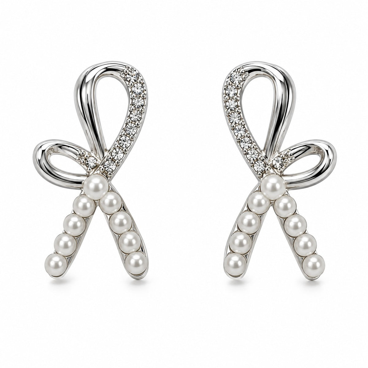 Silver pearl ribbon bow stud earrings for women on a white background