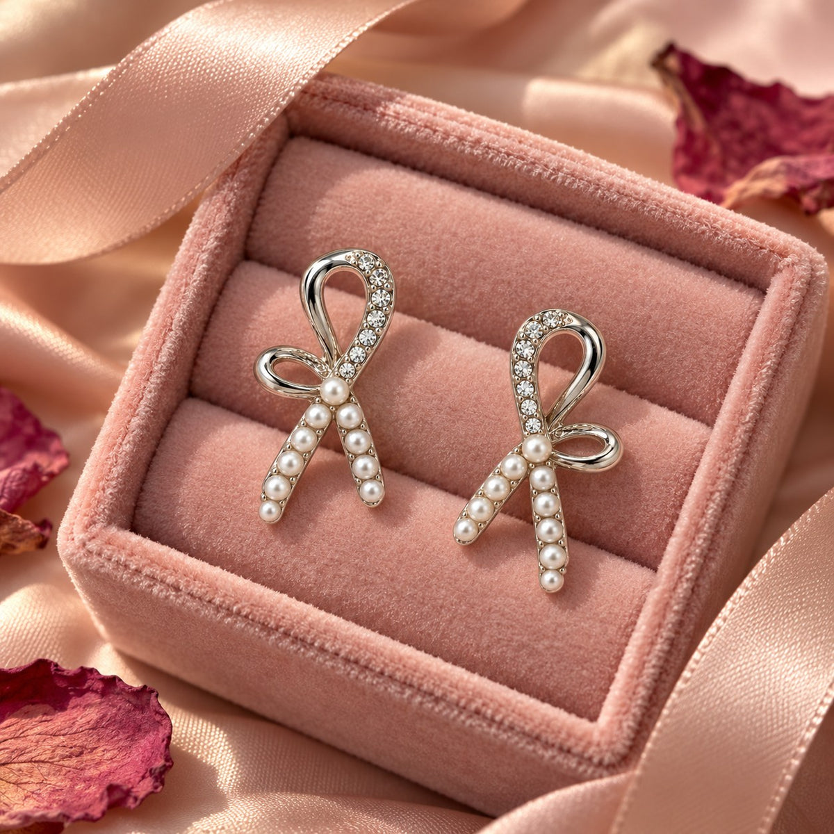 Silver pearl ribbon bow stud earrings on a blush-pink velvet box with dried petals